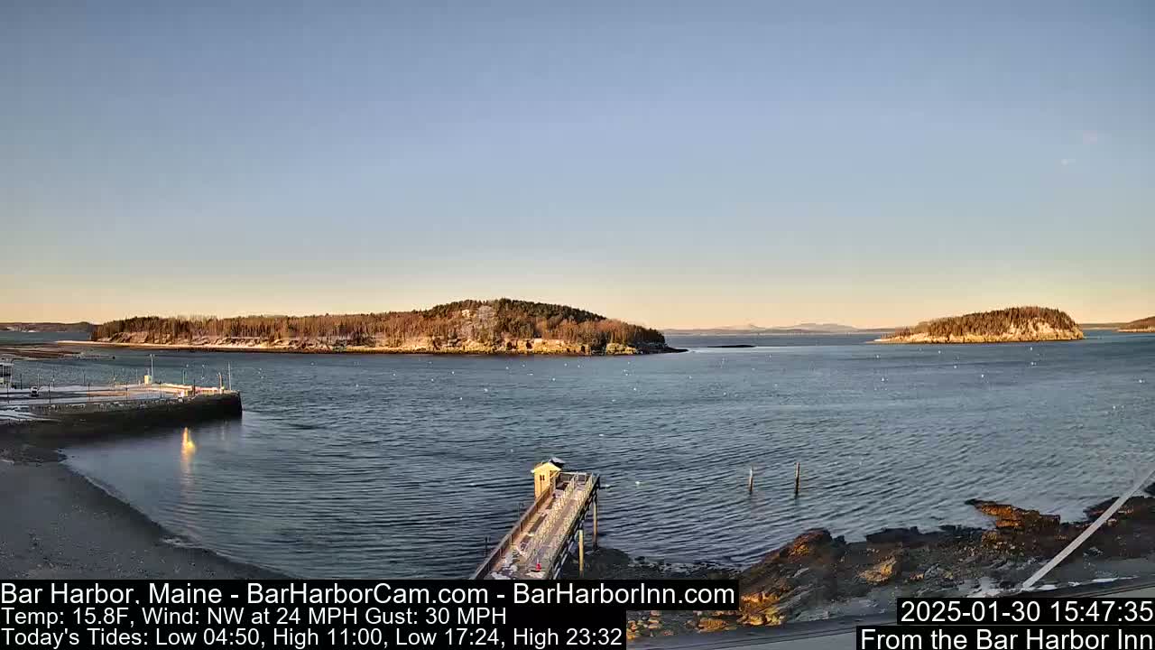 A calm, partially sunny harbor scene with a small pier, snow-dusted islands, and a light Northwest wind.