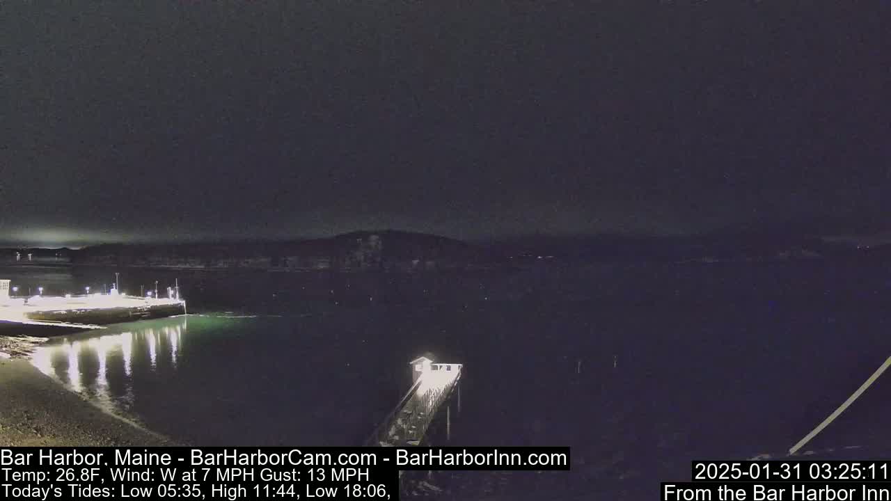 A nighttime view of a calm harbor with a lit pier extending into the water, under a dark sky.