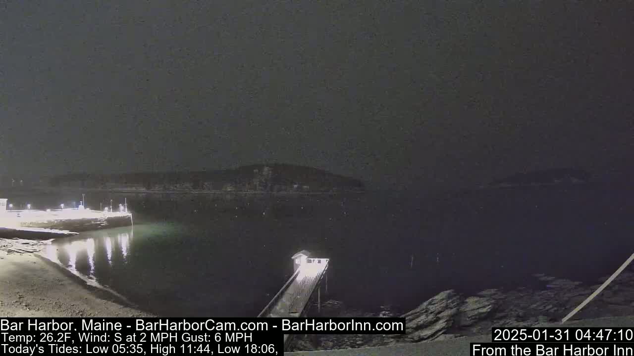 A nighttime, snowy scene shows a dark body of water with a pier extending from a lit shoreline into the water, under a dark sky.