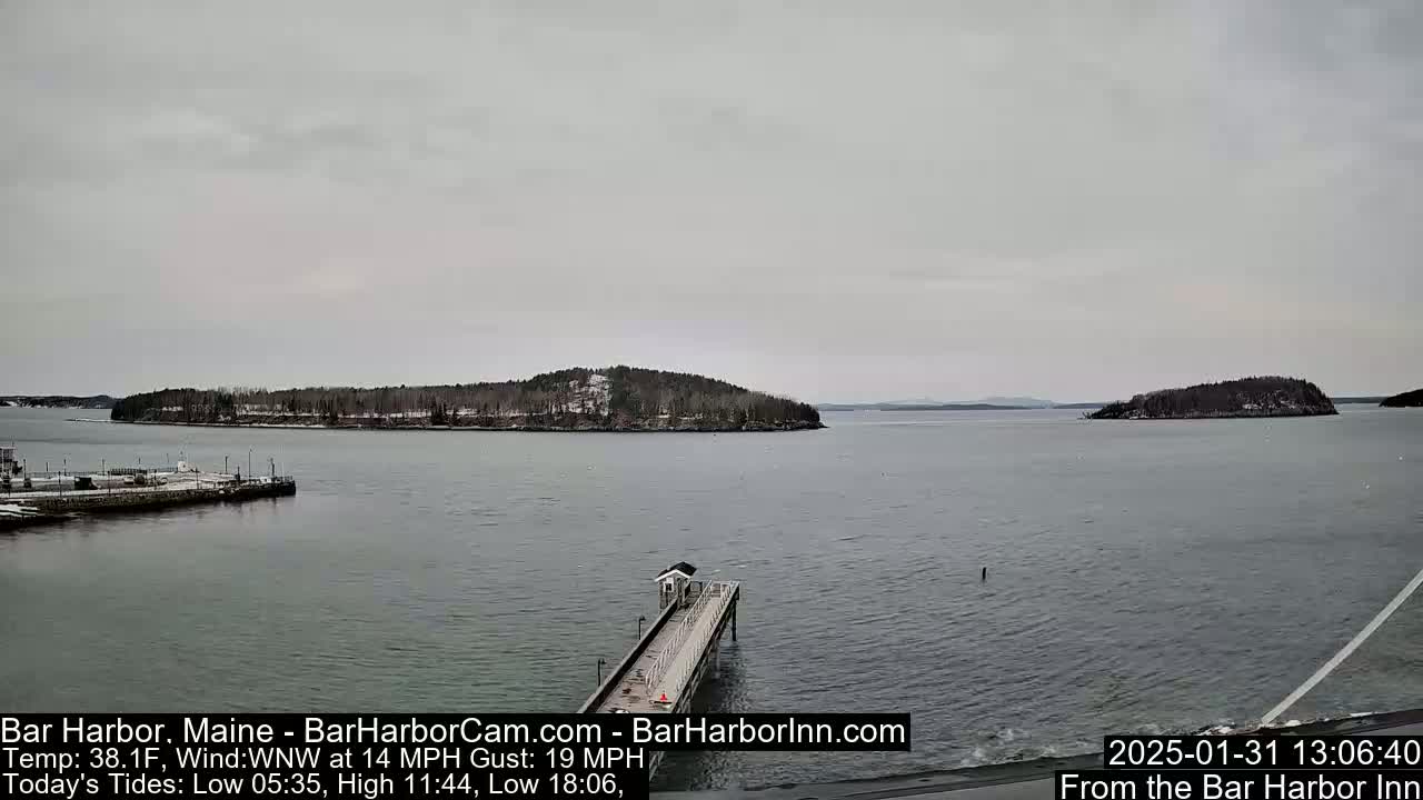 A long pier extends into a calm body of water under an overcast sky, with snow-dusted islands in the distance.