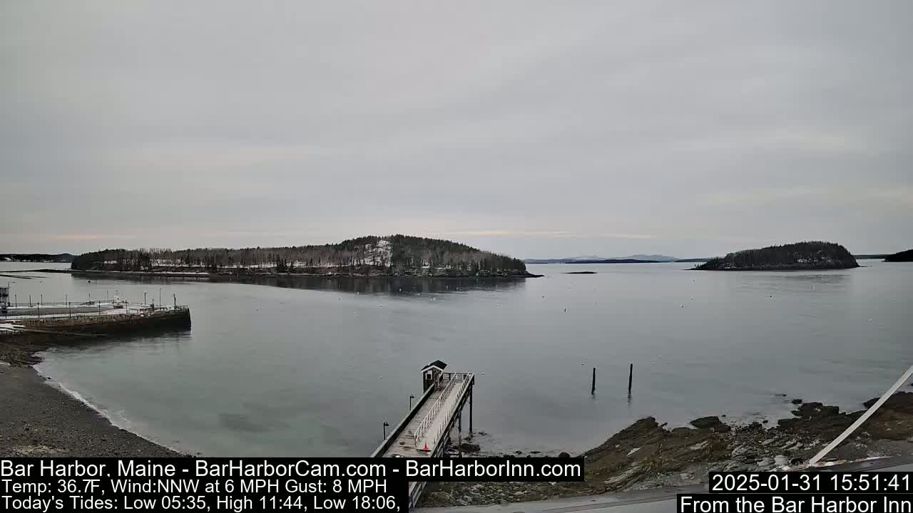 A long pier extends into a calm, gray harbor, with snow-dusted islands in the distance under an overcast sky.