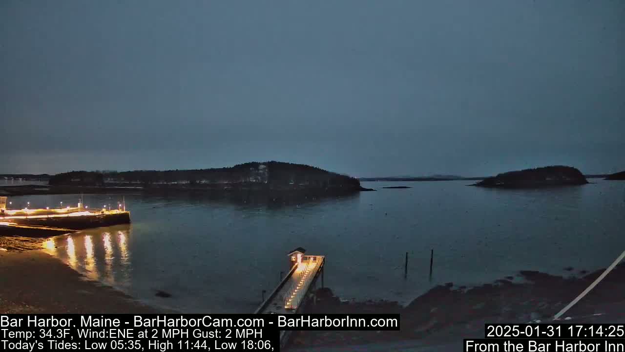 A dark, calm harbor at twilight is lit by lights on a pier and a distant shoreline.