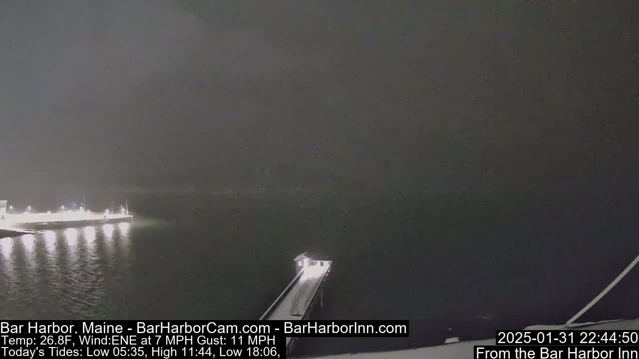 A nighttime, snowy scene shows a dark body of water with a pier extending from a lighted shoreline.