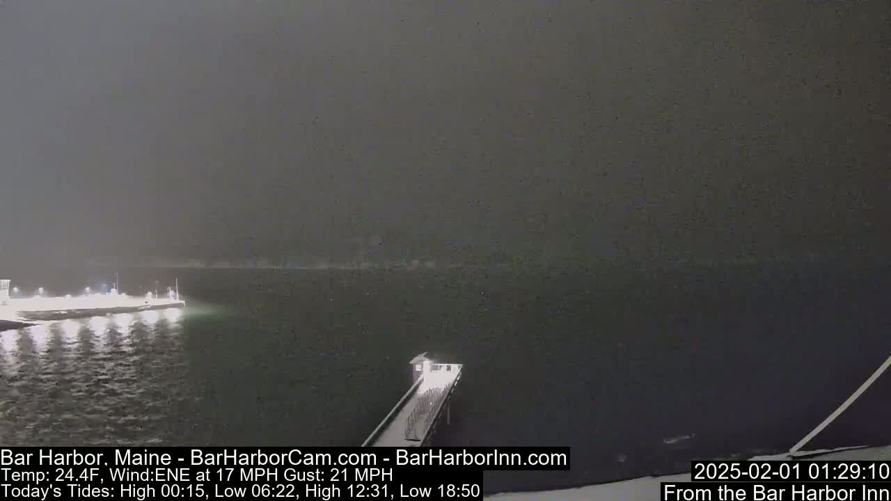 A nighttime, snowy scene shows a pier extending into dark water, with a vessel visible in the distance under hazy conditions.