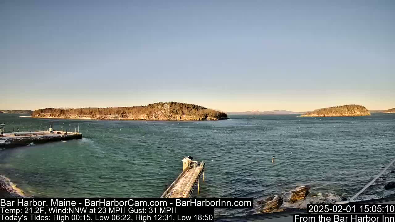 A partly sunny day shows a harbor with a long pier extending into the water, near tree-covered islands, under a mostly clear sky with a light wind.