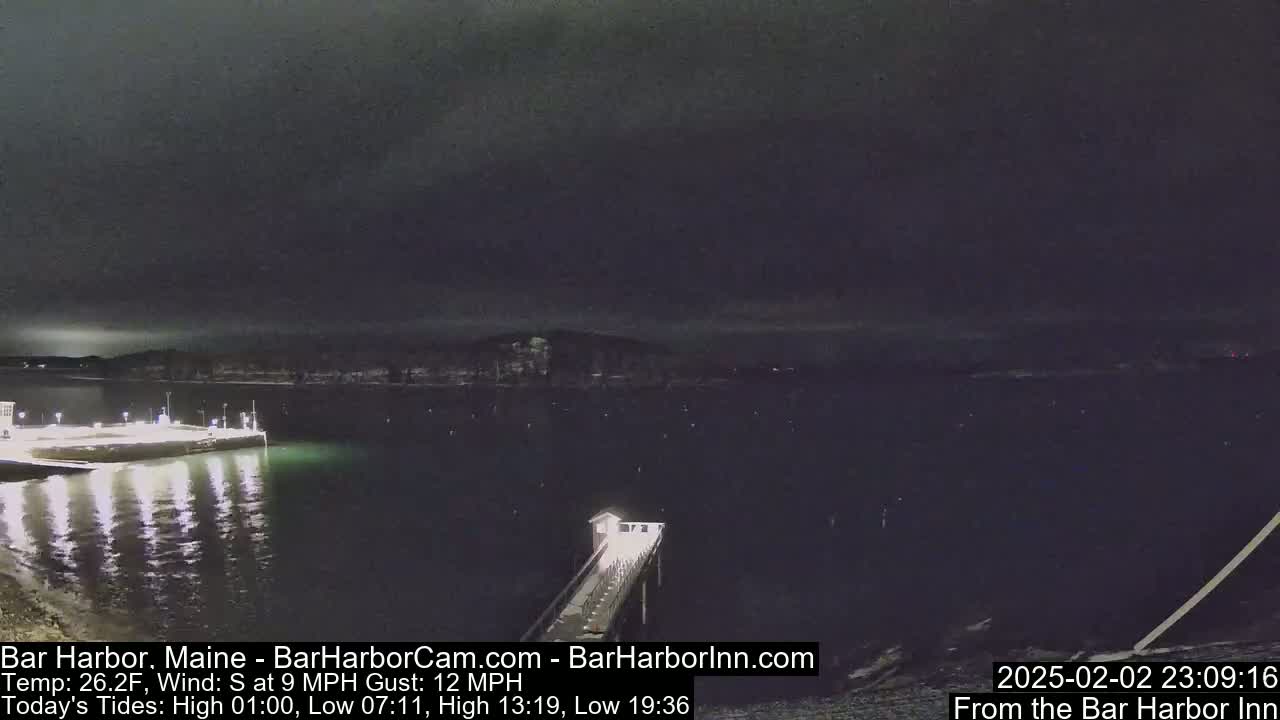 A nighttime view of a dark body of water with a pier extending from a lit shoreline under a mostly cloudy sky.