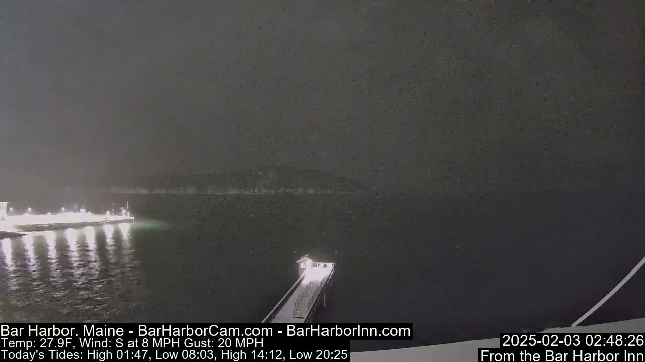 A nighttime view of a pier extending over dark water under a snowy sky with a slight south wind.