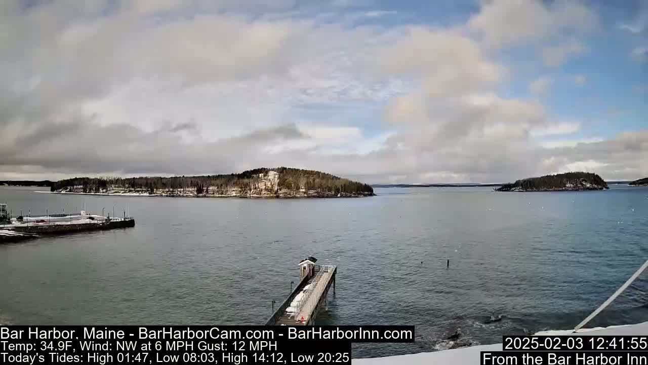 A partly cloudy day reveals a tranquil harbor scene with a long pier extending into the water, snow-covered land, and distant islands.