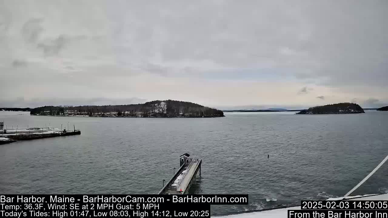 A snow-dusted island and a long pier extend into a calm gray body of water under an overcast sky.