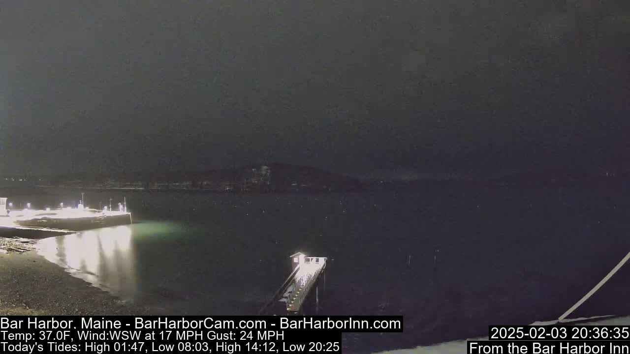 A nighttime view of a dark harbor with a pier extending into calm, dark water under a cloudy sky.