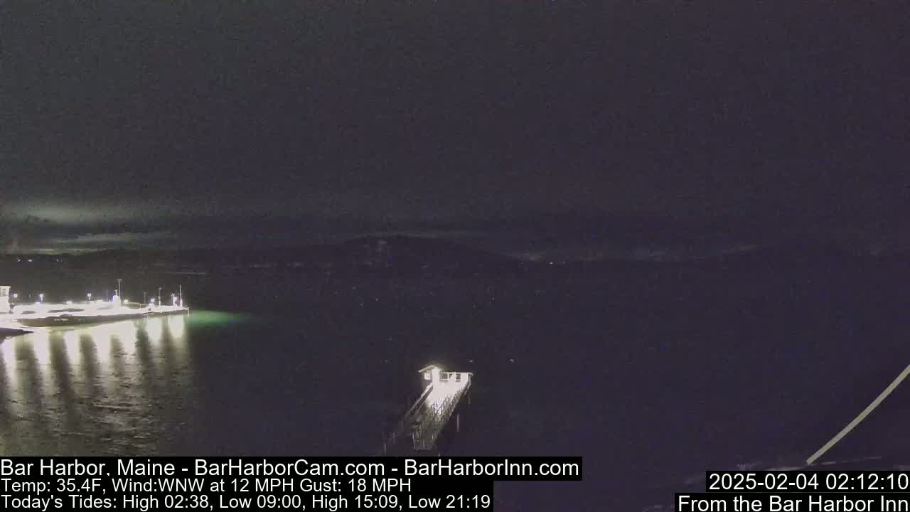 A nighttime view of a harbor with a pier extending into dark water under a mostly clear sky.