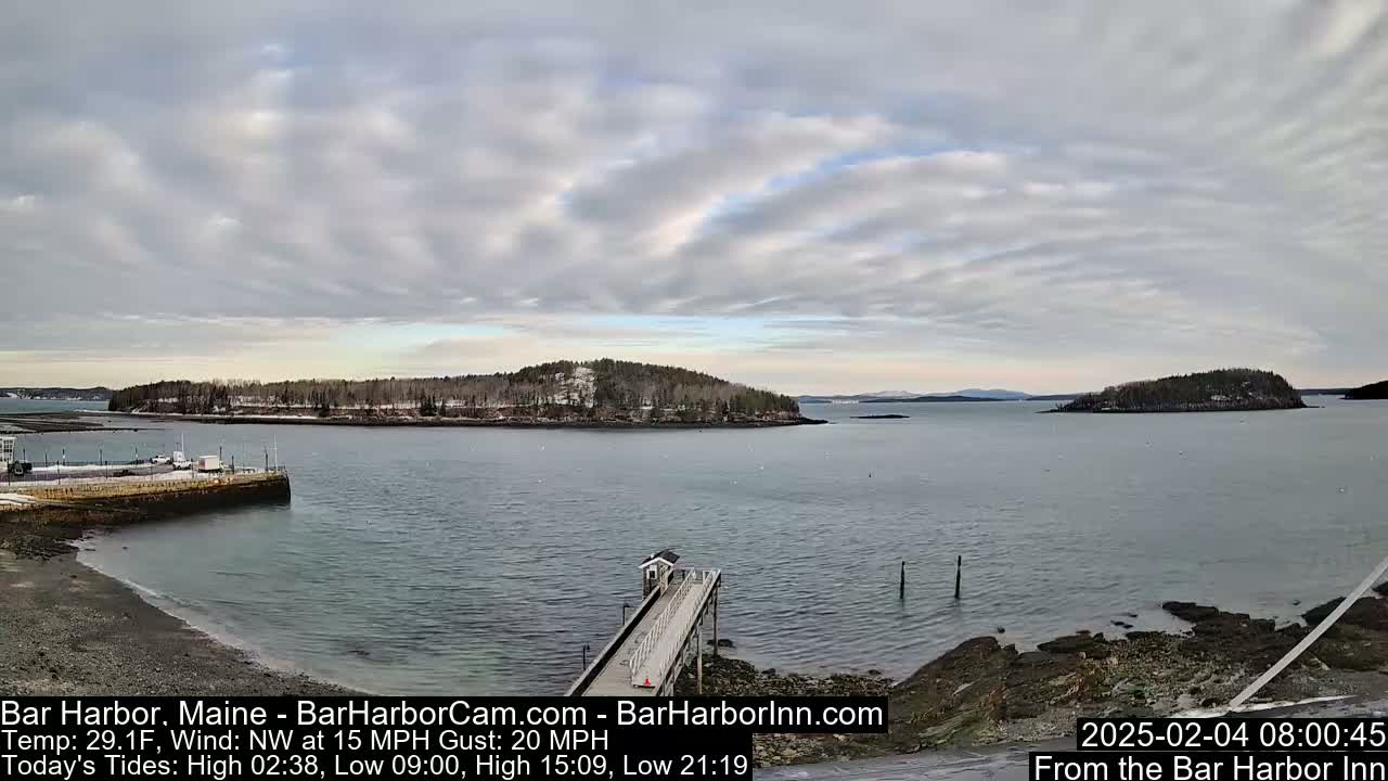 A mostly cloudy day reveals a snow-dusted island across calm water from a pier, with a rocky shoreline in the foreground.