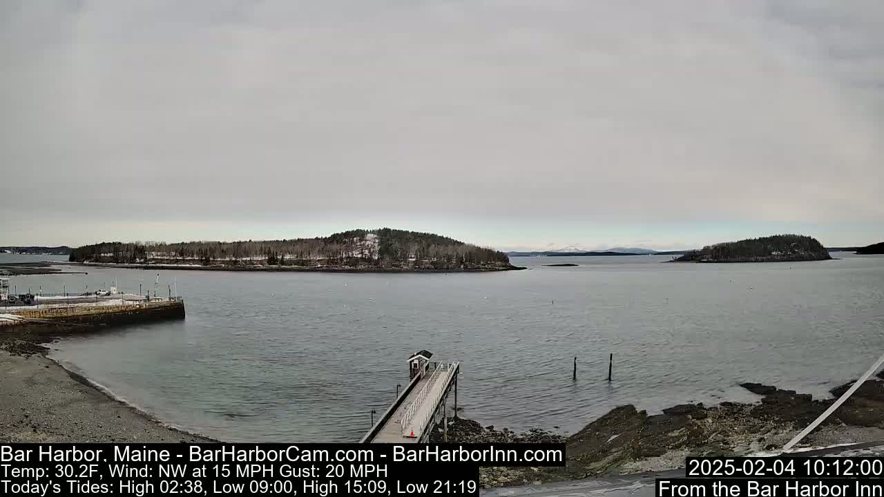 A calm, gray day shows a snow-dusted island across a body of water, with a pier extending from a rocky shore.