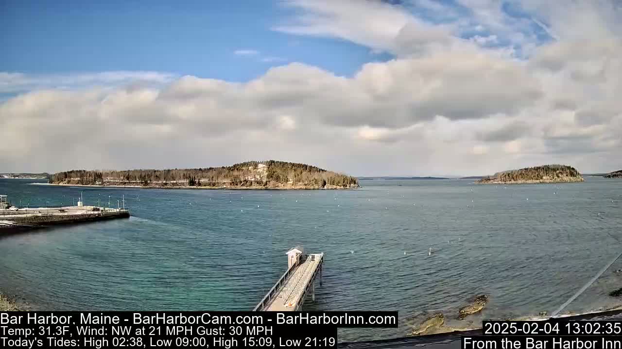 A partly cloudy day reveals a tranquil harbor scene with a small island in the distance and a pier extending into the water.