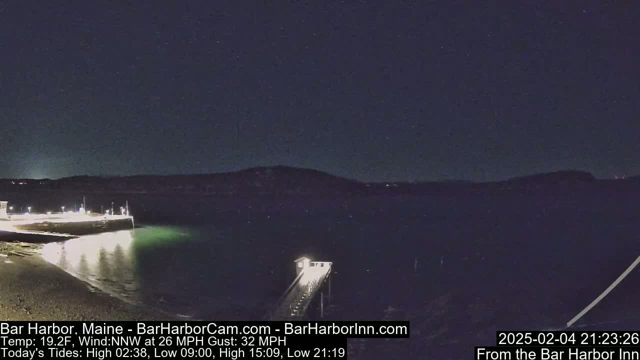 A nighttime view of a lit pier extending into dark, calm water under a starry sky, with a shoreline and distant hills visible.