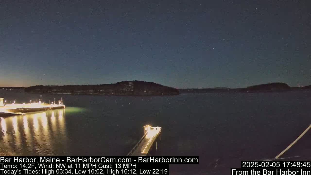 A nighttime view of a calm harbor with a lit pier extending into the water under a starry sky.