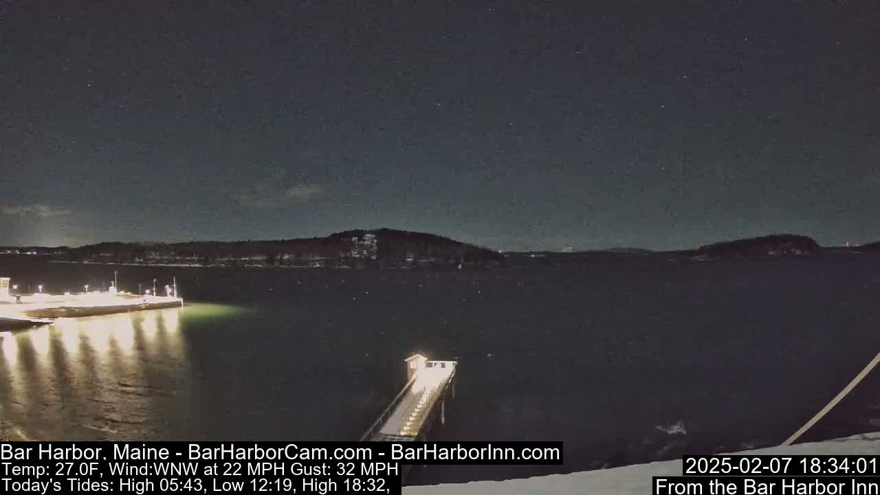 A nighttime view of a harbor with a pier extending into dark water under a starry sky, with a slight wind.