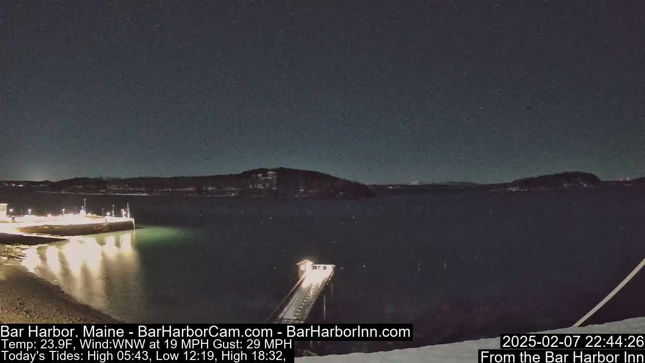 A nighttime view of a calm body of water with a lit pier extending from a shoreline into the dark water under a clear, starry sky.
