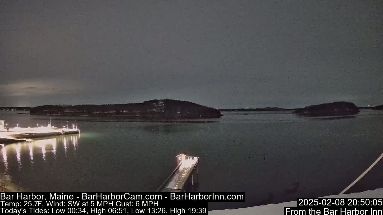 A nighttime view of a calm body of water with a pier extending from the shore toward a small island under a dark, overcast sky.