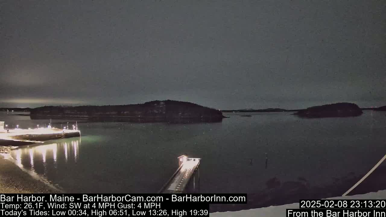 A nighttime view of a calm harbor with a lit pier extending into the water, under a dark, overcast sky.