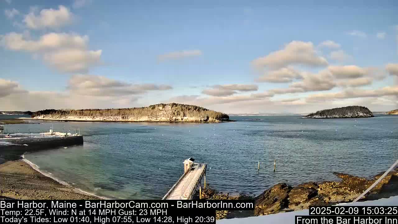 A partly cloudy, cold day shows a snow-dusted island in a calm bay, viewed from a rocky shore with a pier extending into the water.
