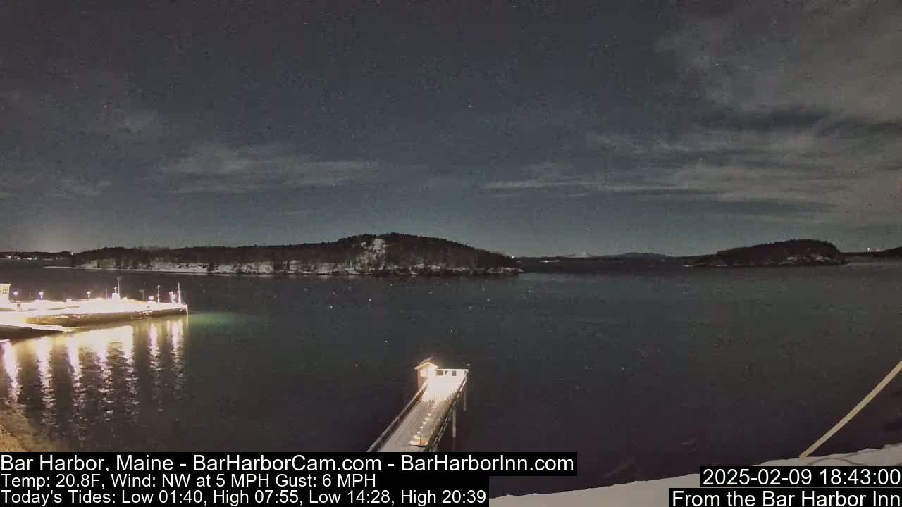 A nighttime view of a snow-covered shoreline and calm dark water, illuminated by lights on a pier extending into the water.