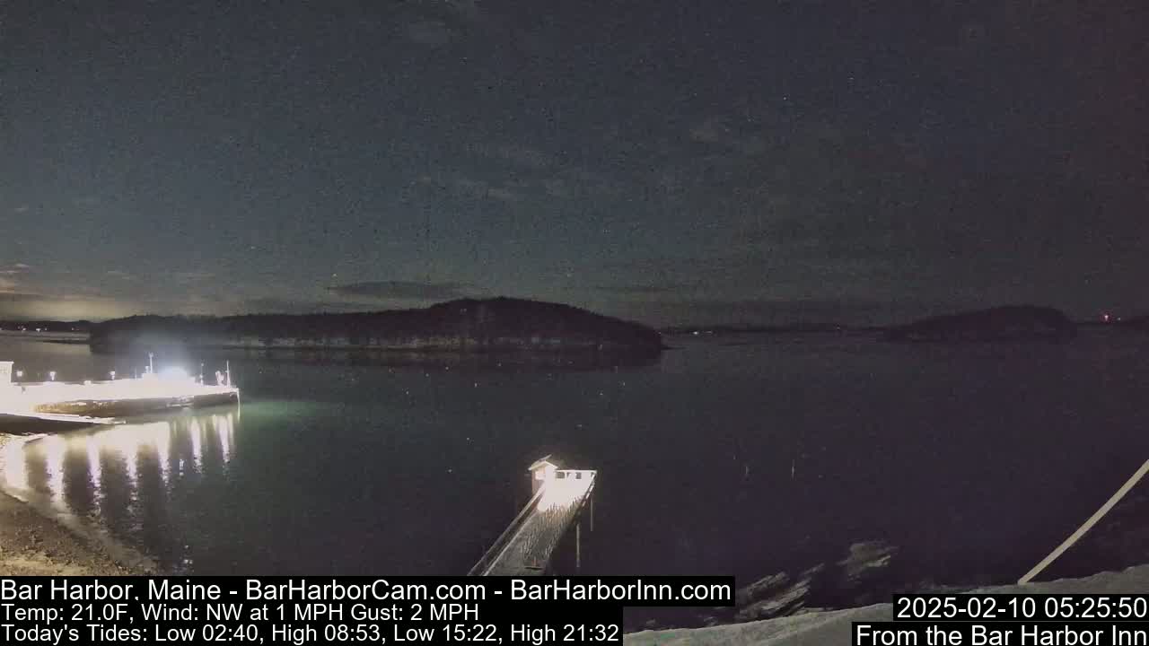 A nighttime view of a calm harbor with a pier extending into the water, under a dark sky with a few visible stars.