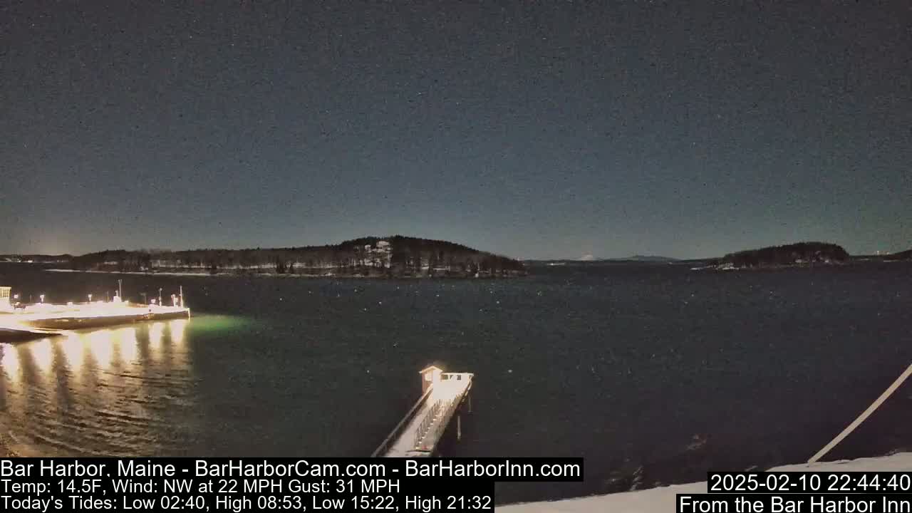 A nighttime view of a snow-dusted shoreline and calm water under a dark, starry sky.