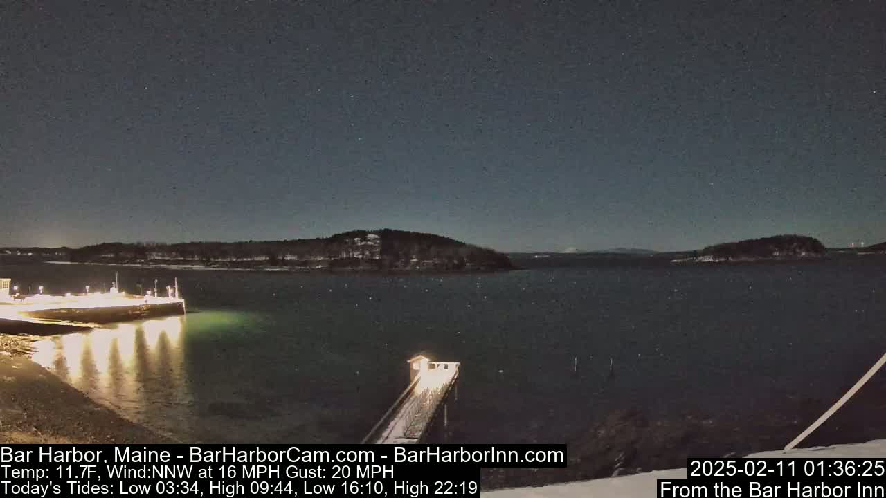 A nighttime view of a calm body of water with a pier extending from a snow-covered shoreline under a clear, starry sky.