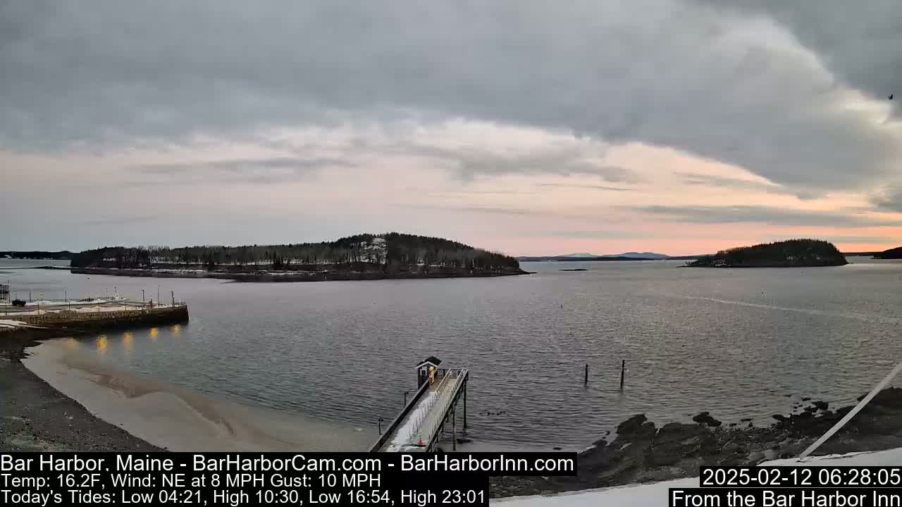 A calm harbor scene at dawn shows a long pier extending into the water, with a small island and tree-lined shoreline in the background under an overcast sky.