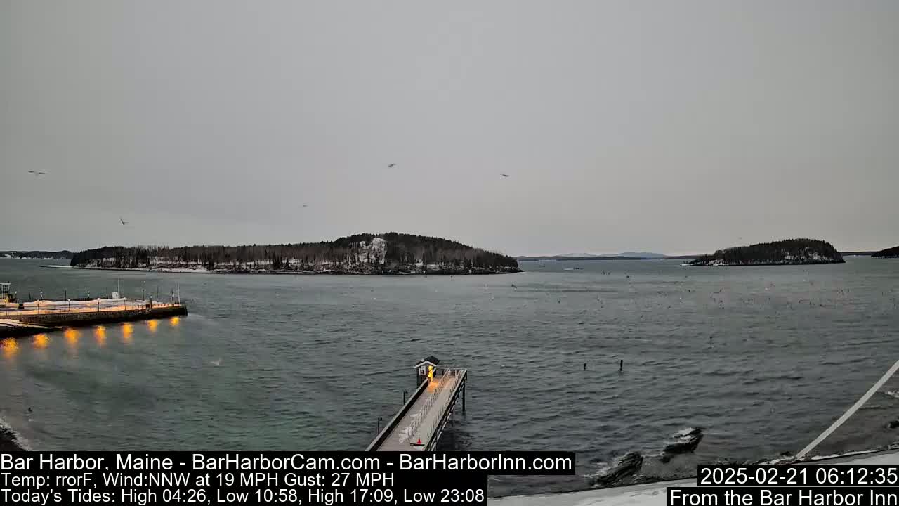 A snow-dusted island in a calm, gray harbor is viewed from a pier under an overcast sky.