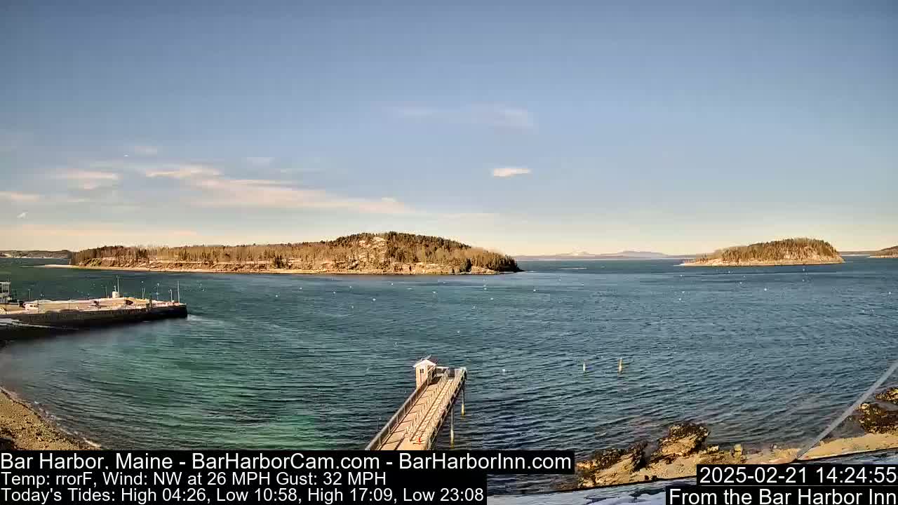A calm body of water with islands in the background under a mostly clear sky, with a NW wind at 26 mph and gusts up to 32 mph.