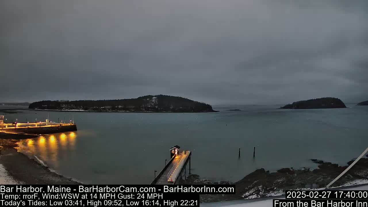 A long pier extends into a calm, gray body of water under an overcast sky, with a snow-dusted island in the distance.