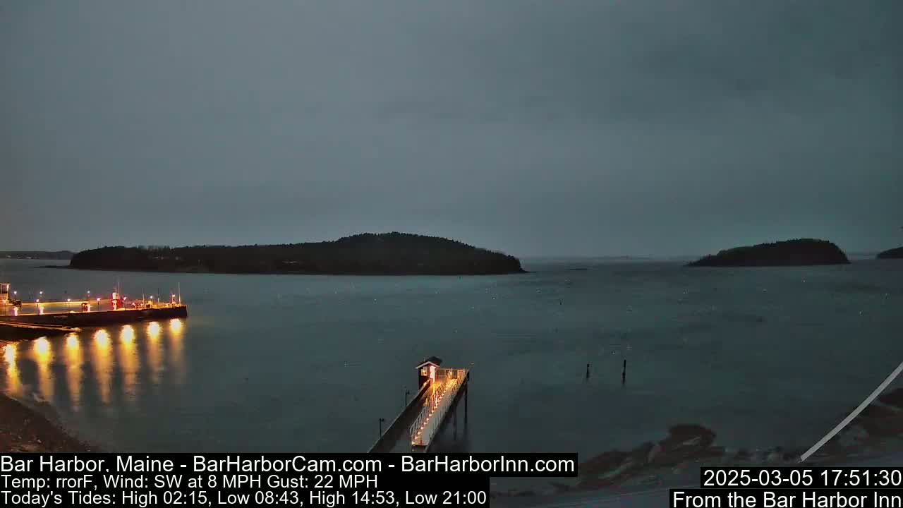 A dimly lit harbor scene at dusk shows a pier with lights, calm water, and islands in the distance under an overcast sky.