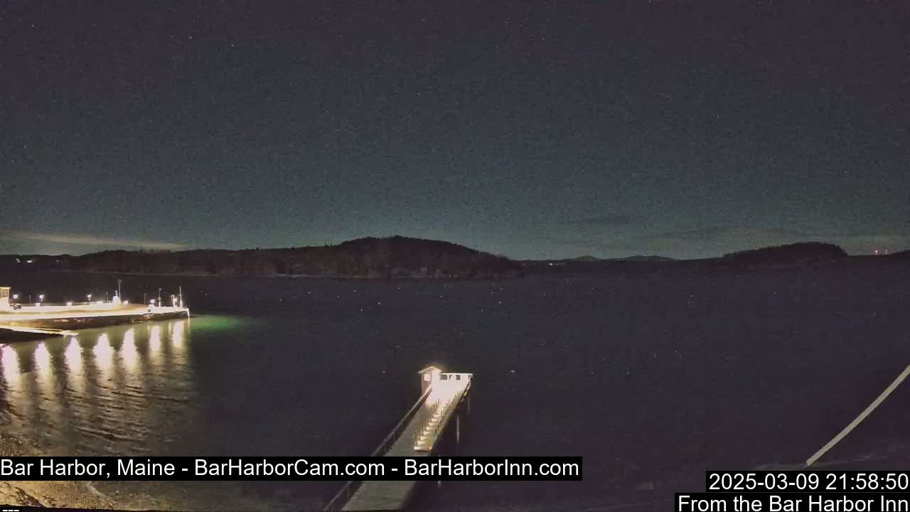 A nighttime view of a calm body of water with a lit pier extending from a shoreline, under a clear, starry sky.