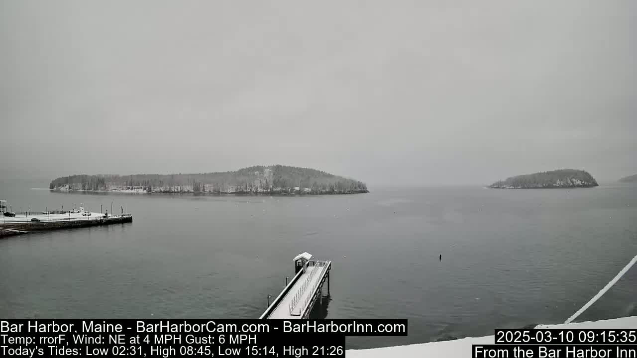 A snow-covered pier extends into a calm bay, with snow-dusted islands in the background under an overcast sky.