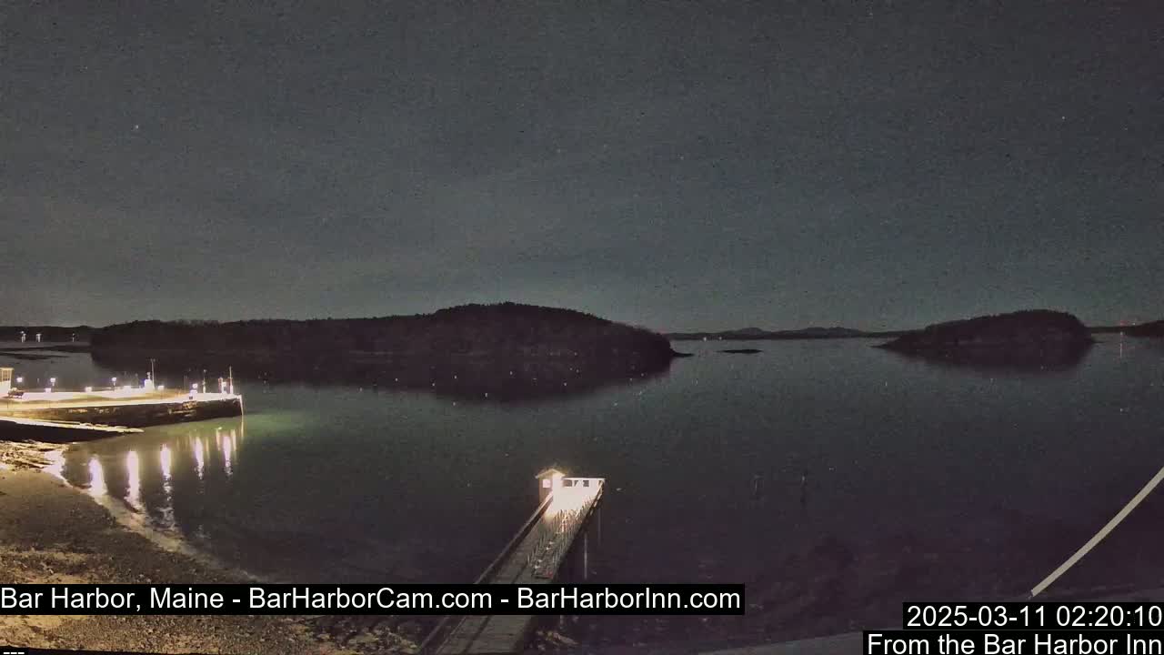 A nighttime view of a calm harbor with a pier extending into the water, illuminated by lights, and dark, tree-covered islands in the distance under a clear, starry sky.