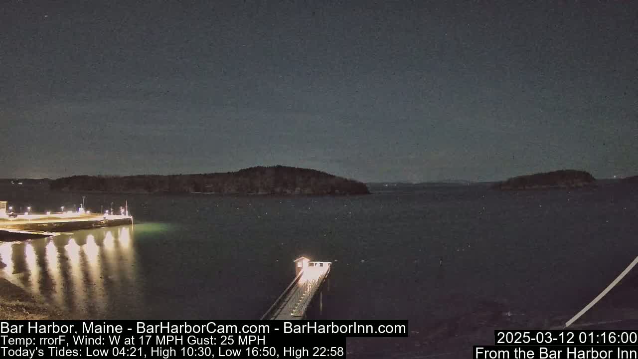 A nighttime view of a calm body of water with a pier extending from a lit shoreline toward a small, dark island under a clear, dark sky.