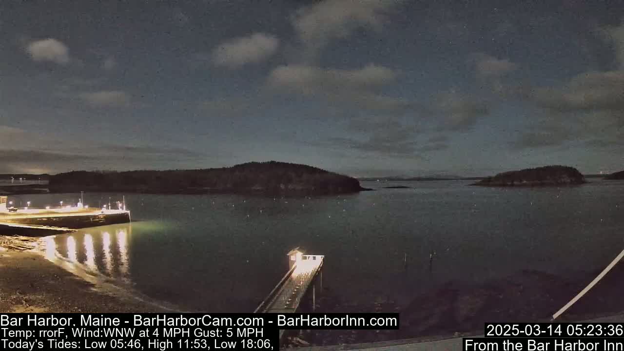 A nighttime view of a calm harbor with a pier extending into the water, under a partly cloudy sky.