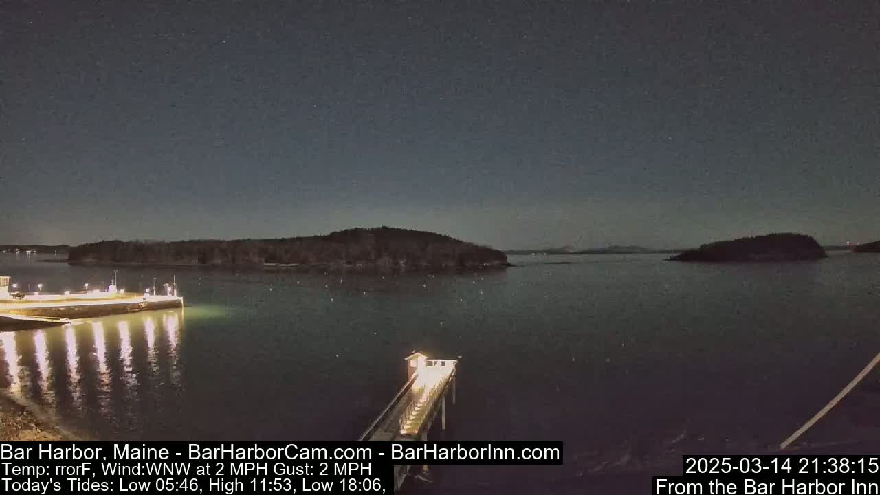 A nighttime view of a calm body of water, with a lit pier extending from a shoreline into the water, under a clear, starry sky.