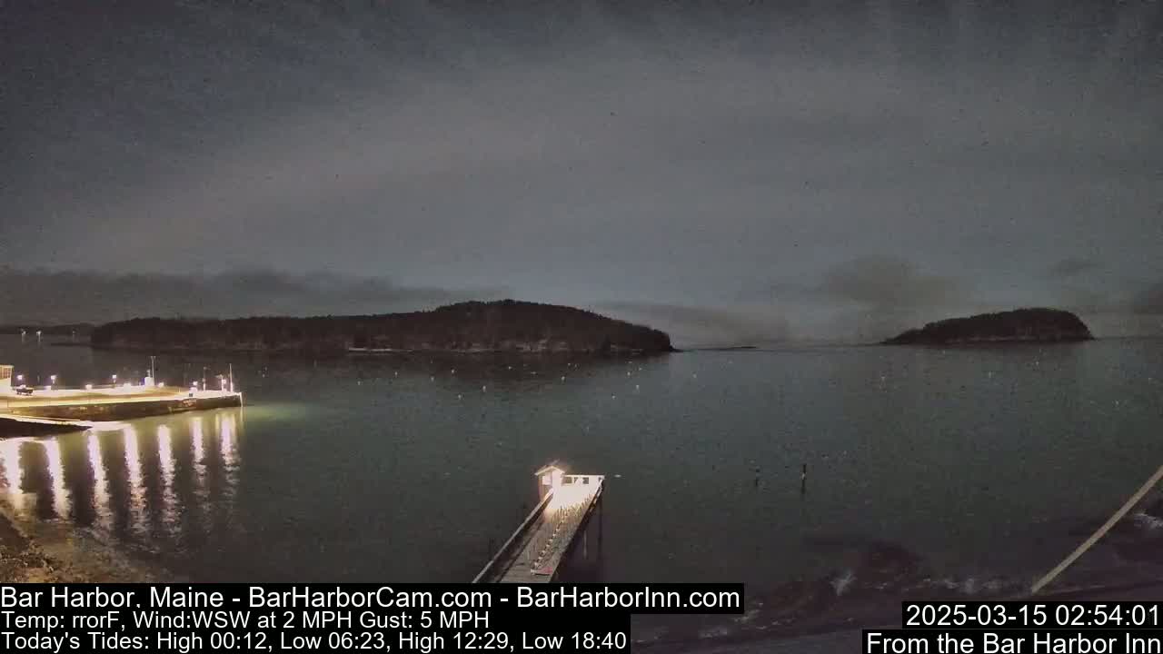 A dark, calm harbor at night is illuminated by lights on a pier and across the water, with a cloudy sky above.