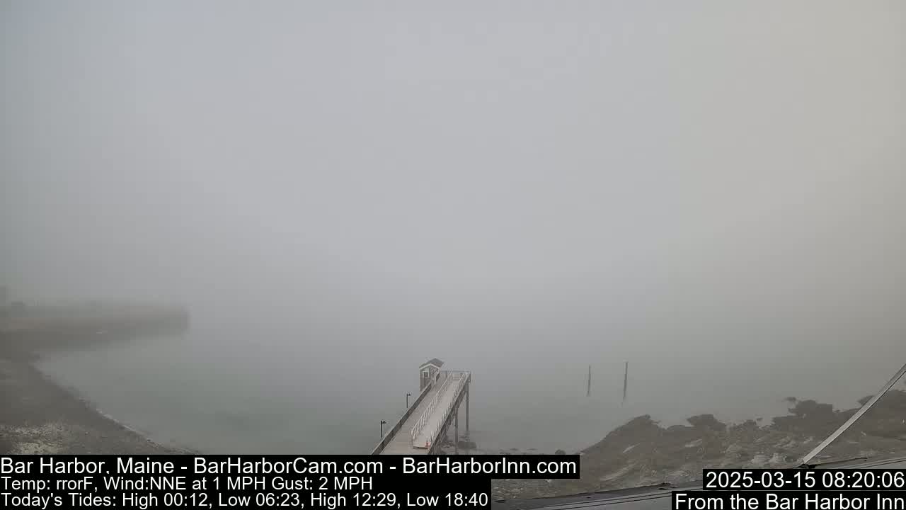 A long pier extends over a foggy body of water toward a rocky shoreline.