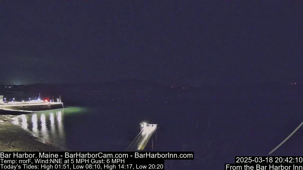 A nighttime view of a calm harbor with a pier extending into the water under a dark sky.