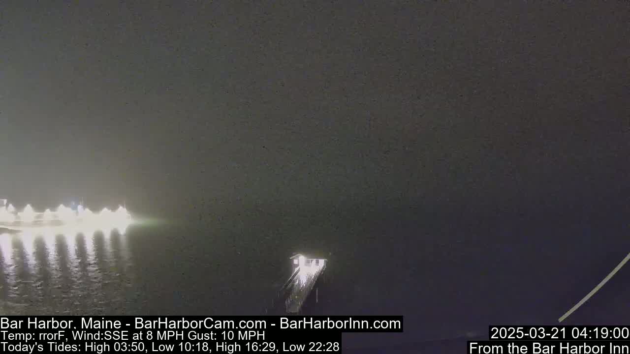 A nighttime view of a harbor with several boats at a pier under hazy or foggy conditions.