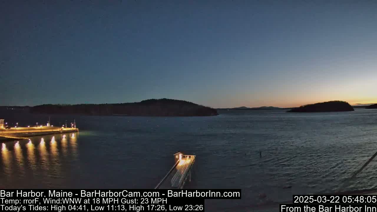 A twilight view of a calm harbor with a long pier extending into the water, under a mostly clear sky with a faint hint of sunset.