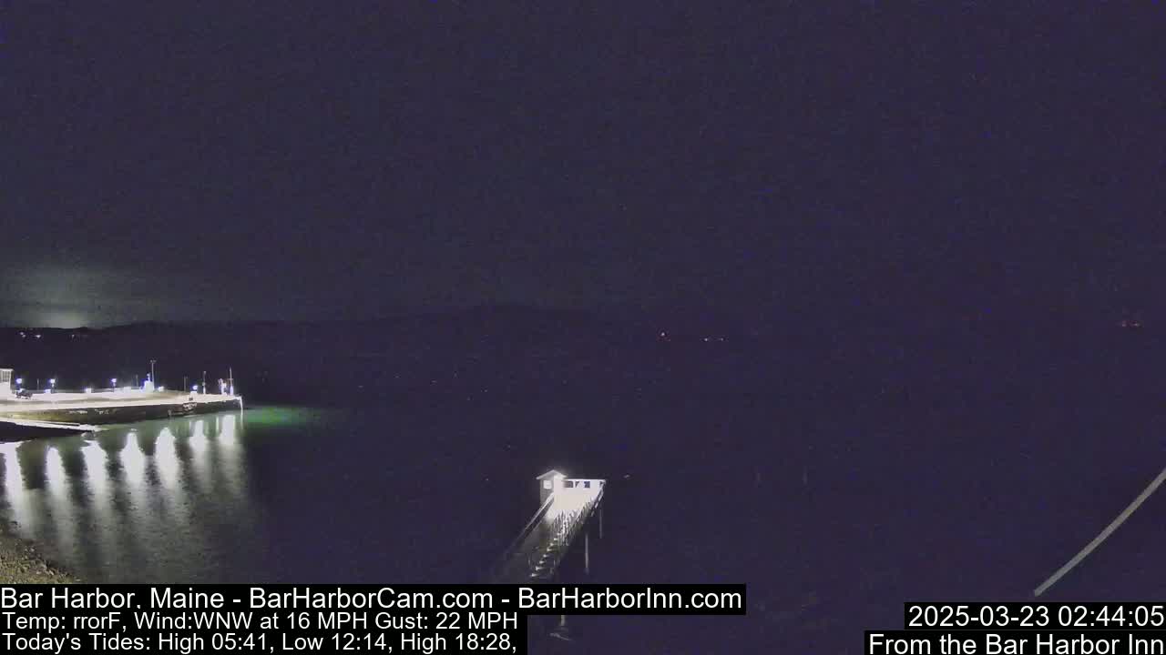 A nighttime harbor scene shows calm water reflecting lights from a pier and a shoreline under a dark sky with a wind of 16 mph and gusts up to 22 mph.
