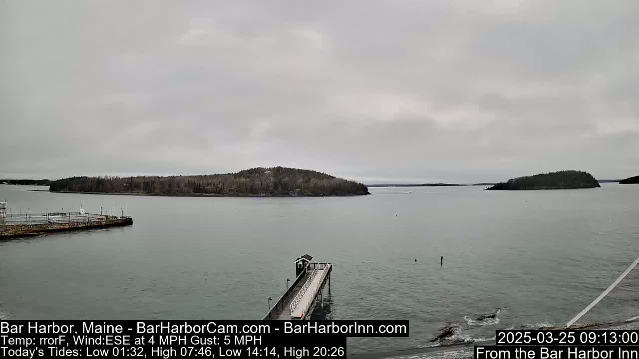 A long pier extends into a calm, gray-sky day over a body of water with islands in the distance.