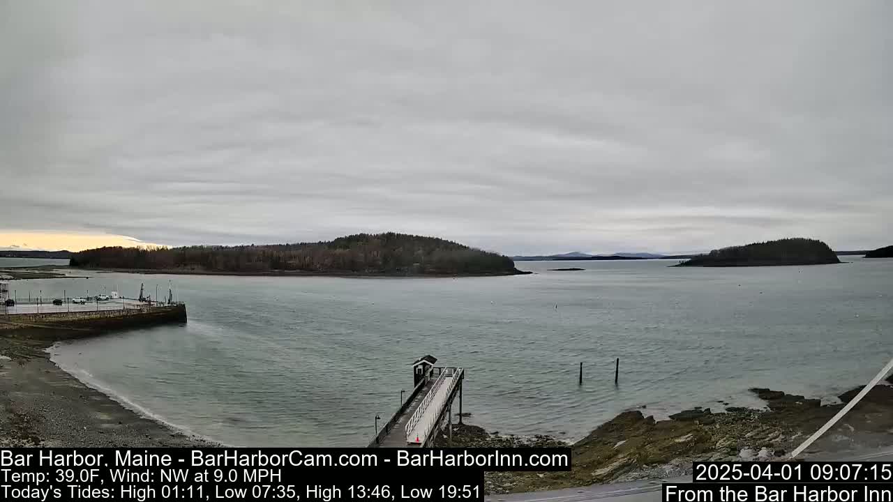 A calm body of water with a small island in the distance under an overcast sky, showing a pier extending from a rocky shoreline.