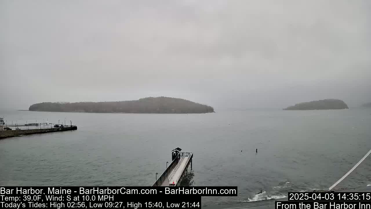 A gray, overcast day shows a body of water with two small, tree-covered islands in the distance and a pier extending from a shoreline into the water.