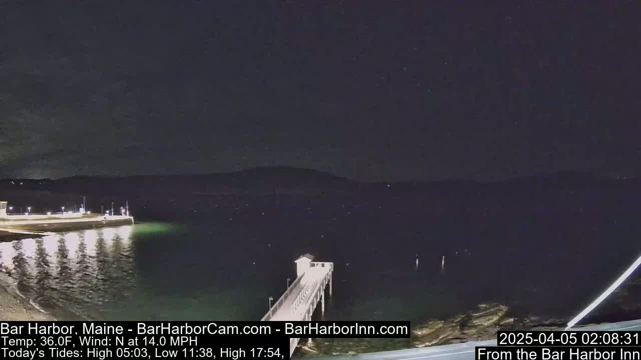 A nighttime view of a dark body of water with a lit pier extending from a shoreline under a clear, dark sky.